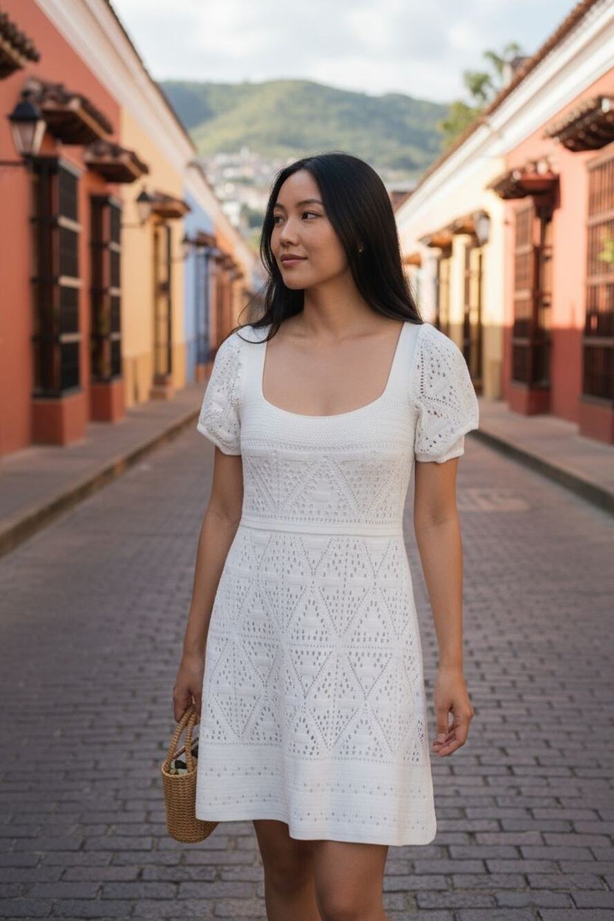 ZARA white Romantic Crochet Dress Puff Sleeve Cottagecore Resort LG